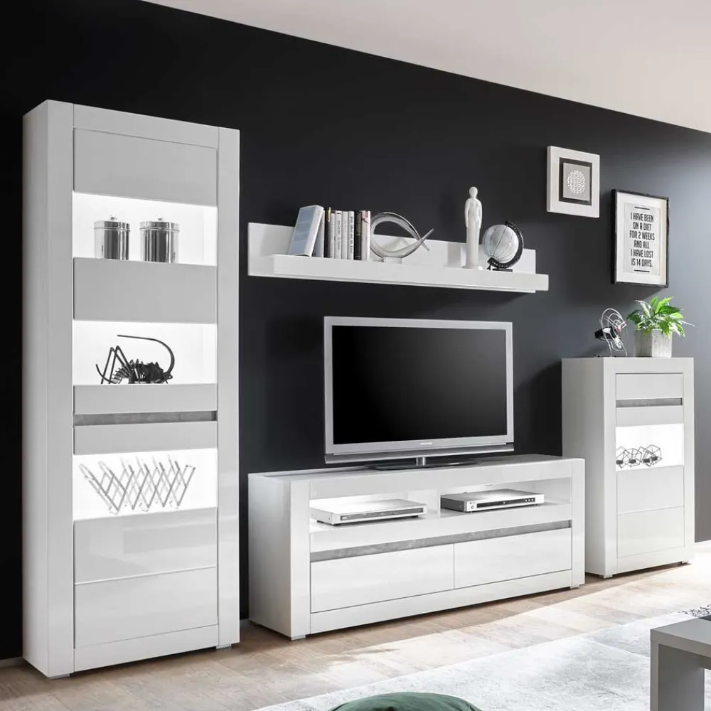 Wohnen Wohnwände<Weiße Hochglanzmöbel für das Wohnzimmer Mextra optional mit LED (vierteilig)