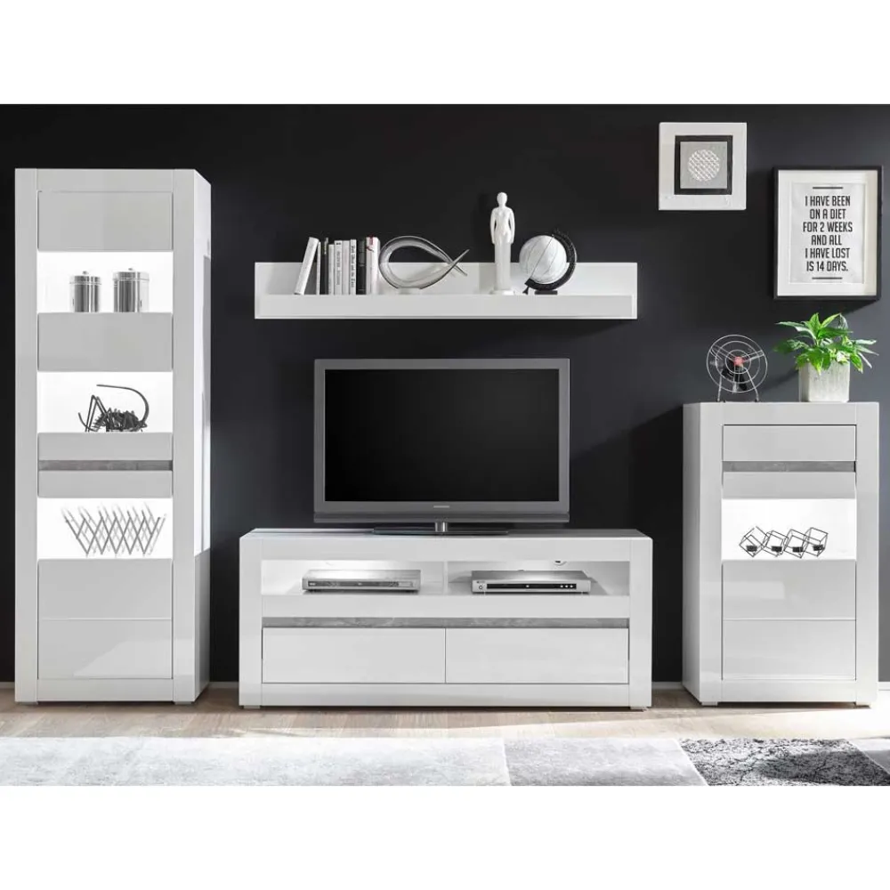 Wohnen Wohnwände<Weiße Hochglanzmöbel für das Wohnzimmer Mextra optional mit LED (vierteilig)