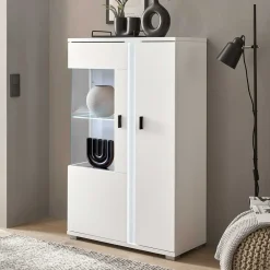 Wohnen Vitrinen<Weißes Highboard mit Glaseinsatz und LED Beleuchtung - Tirol