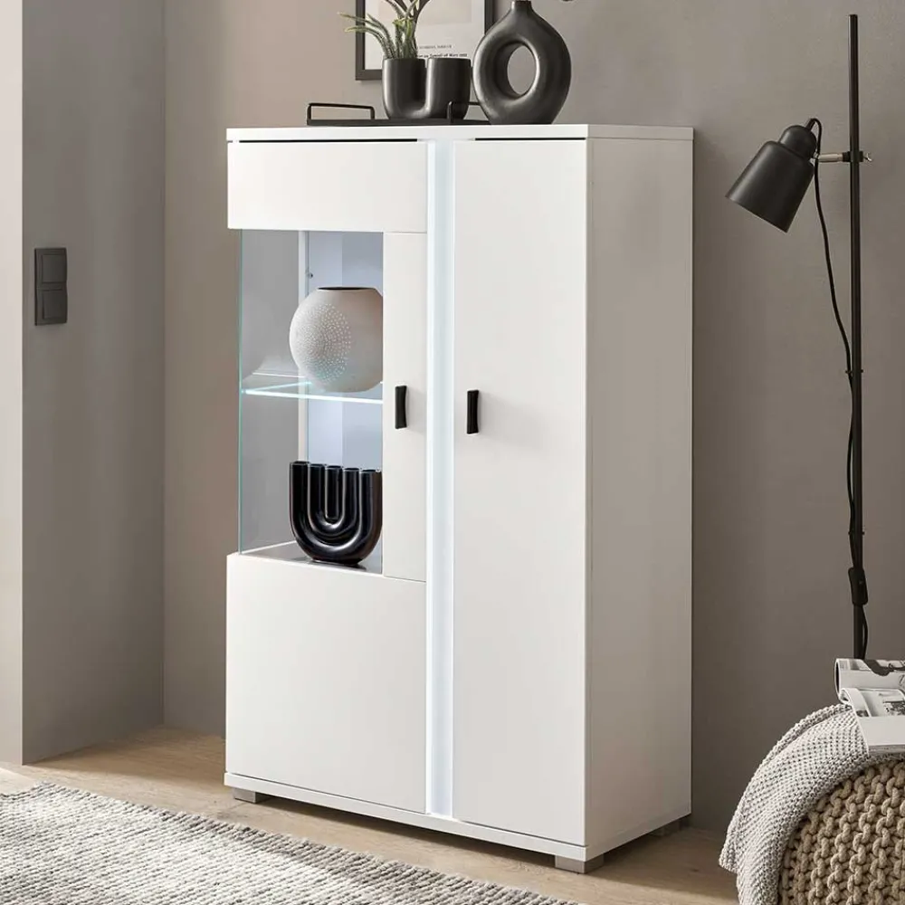 Wohnen Vitrinen<Weißes Highboard mit Glaseinsatz und LED Beleuchtung - Tirol