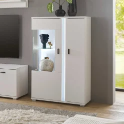 Wohnen Vitrinen<Weißes Highboard mit Glaseinsatz und LED Beleuchtung - Tirol