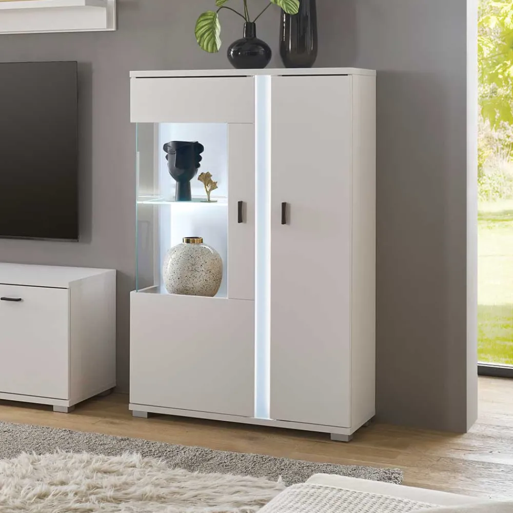 Wohnen Vitrinen<Weißes Highboard mit Glaseinsatz und LED Beleuchtung - Tirol