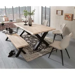 Wohnen Sitzgruppe<White Wash Essgruppe mit X-Fuß Tisch - Tilveta I (sechsteilig)