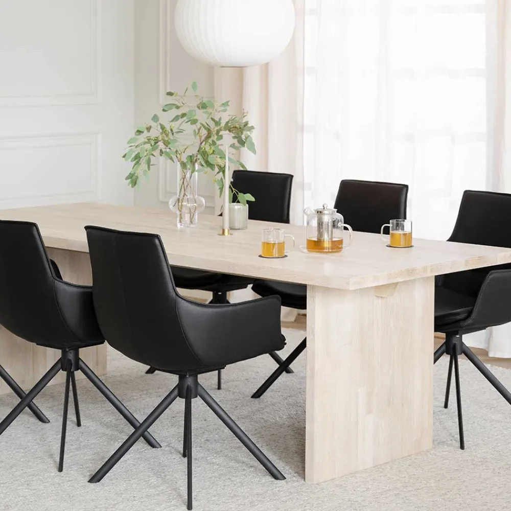 Wohnen Sitzgruppe<White Wash Tisch & Lederstühle - Senatau (siebenteilig)