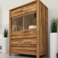 Wohnen Highboards<Wildeiche Highboard Nadalia massiv geölt Glas