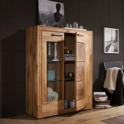 Wohnen Highboards<Wildeiche Highboard Troncon mit Glas Einsatz