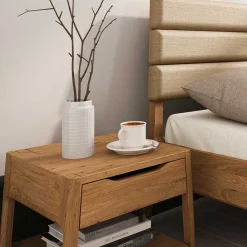 Wohnen Betten<Wildeiche Holzbett mit Polsterkopfteil in Beige - Favorite
