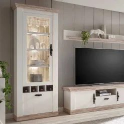 Wohnen Wohnwände<Wohnkombination mit TV Element im Landhaus Stil Nedita in Weiß Pinie (vierteilig)