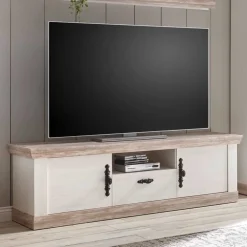 Wohnen Wohnwände<Wohnkombination mit TV Element im Landhaus Stil Nedita in Weiß Pinie (vierteilig)