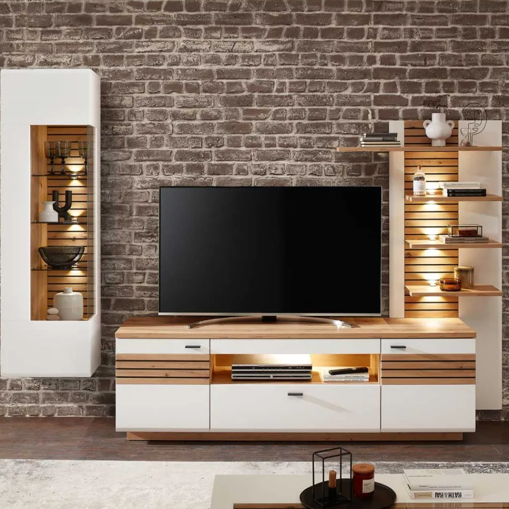 Wohnen Wohnwände<Wohnzimmer Anbauwand in Weiß mit Wildeiche - Niam (dreiteilig)