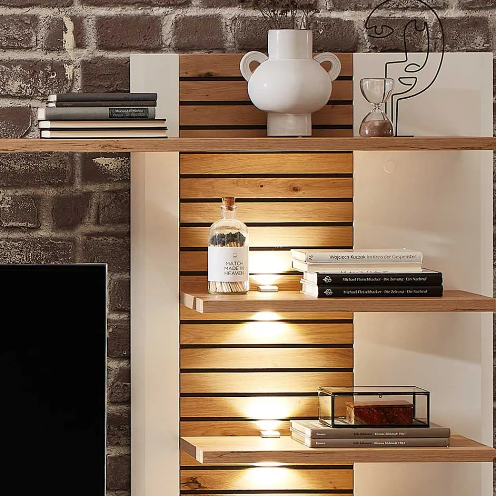 Wohnen Wohnwände<Wohnzimmer Anbauwand in Weiß mit Wildeiche - Niam (dreiteilig)