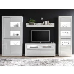 Wohnen Wohnwände<Wohnzimmer Möbel Programm in Hochglanz Weiß Mextra mit Beton Dekpr (vierteilig)