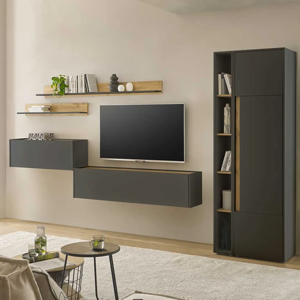 Wohnen Wohnwände<Wohnzimmer Schrank Kombi in Anthrazit - Ahilav (sechsteilig)