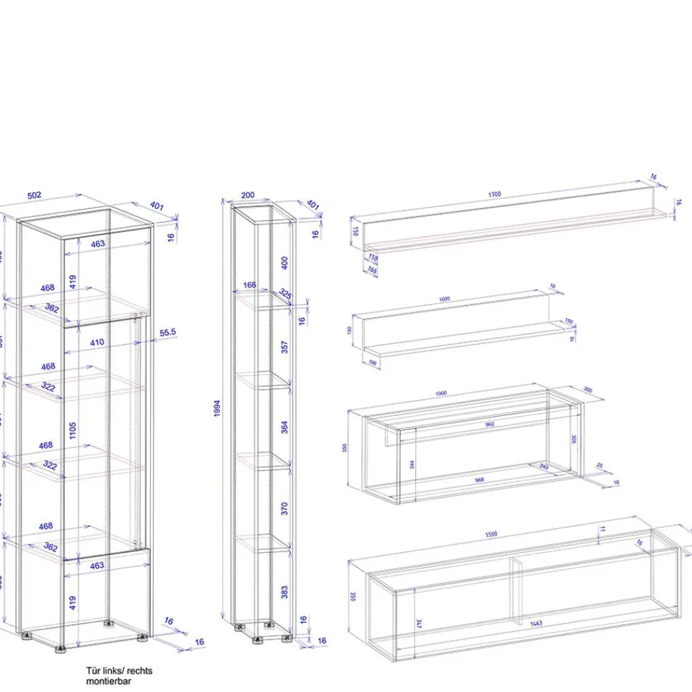 Wohnen Wohnwände<Wohnzimmer Schrank Kombi in Anthrazit - Ahilav (sechsteilig)
