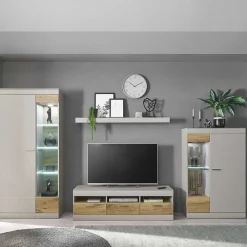 Wohnen Wohnwände<Wohnzimmer Schrank Set in Hellgrau & Zinneiche - Lioscas (vierteilig)