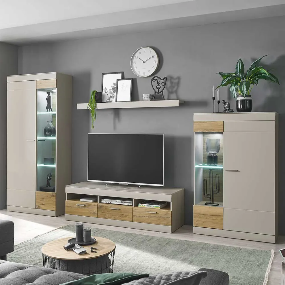 Wohnen Wohnwände<Wohnzimmer Schrank Set in Hellgrau & Zinneiche - Lioscas (vierteilig)
