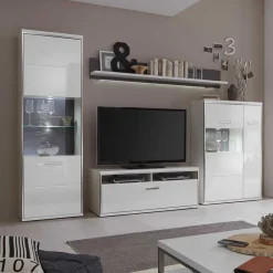 Wohnen Wohnwände<Wohnzimmer Wohnwand Tacroma in Hochglanz Weiß (vierteilig)