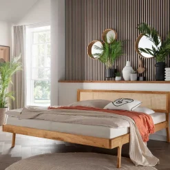 Wohnen Betten<140x200 Holzbett aus Wildeiche mit Rattan - Ambrosso