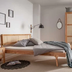 Wohnen Betten<140x200 Holzbett aus Wildeiche mit Rattan - Ambrosso