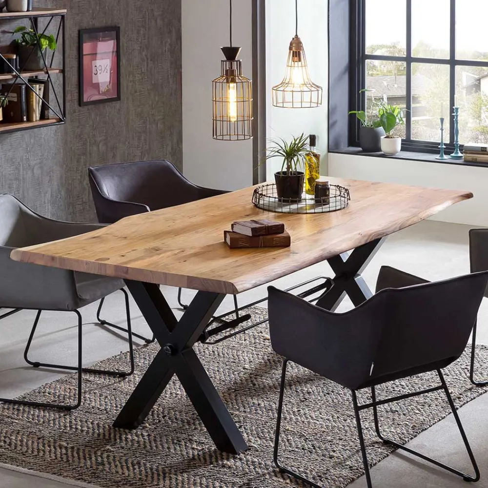Wohnen Tische<X-Fuß Designtisch mit Holz Platte mit Naturkante - Liyadiro