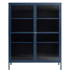 Wohnen Highboards|Vitrinen<110x140x40 Blaues Stahl Highboard mit Glastüren - Atos