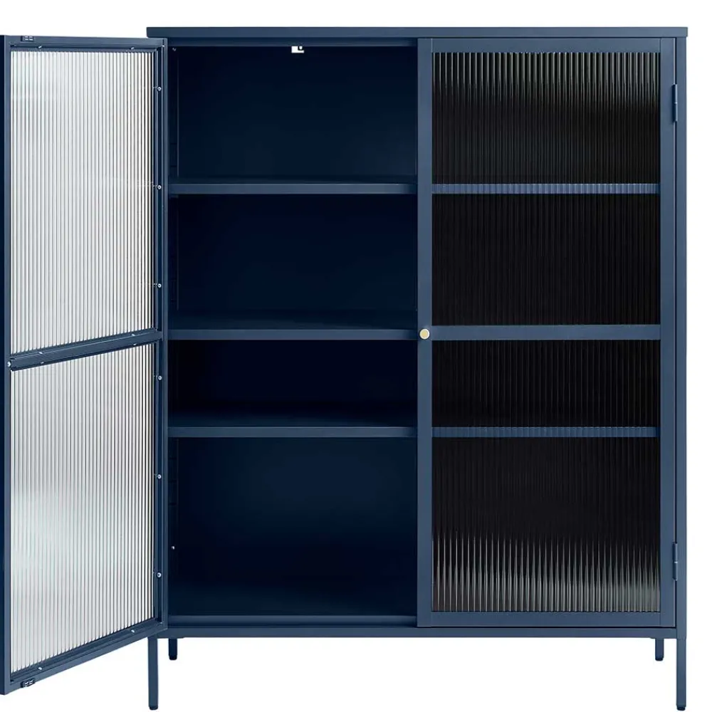 Wohnen Highboards|Vitrinen<110x140x40 Blaues Stahl Highboard mit Glastüren - Atos