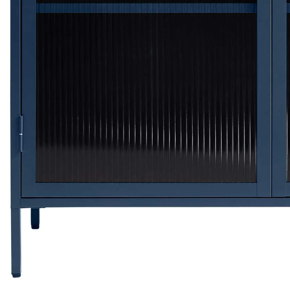 Wohnen Highboards|Vitrinen<110x140x40 Blaues Stahl Highboard mit Glastüren - Atos