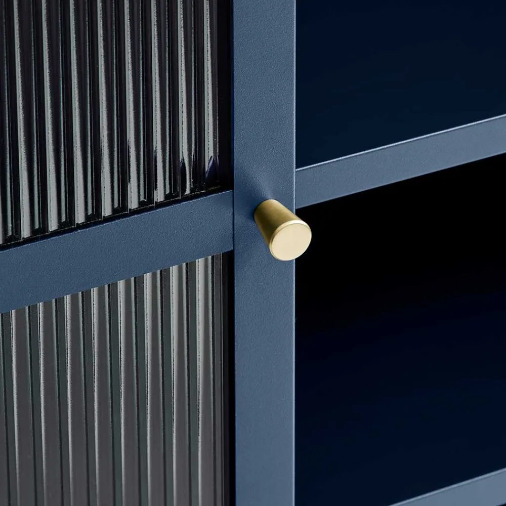 Wohnen Highboards|Vitrinen<110x140x40 Blaues Stahl Highboard mit Glastüren - Atos