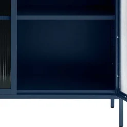 Wohnen Highboards|Vitrinen<110x140x40 Blaues Stahl Highboard mit Glastüren - Atos