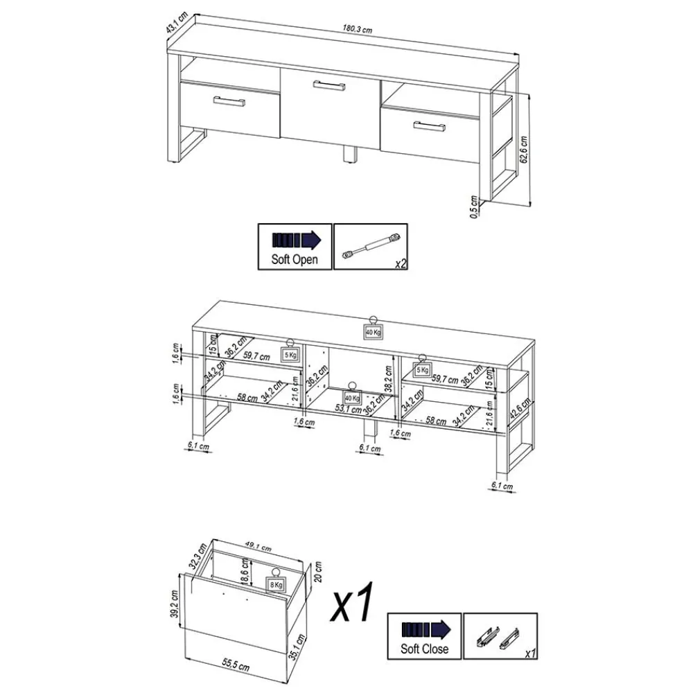 Wohnen Tv & Hifi-Möbel|Lowboards<181x63x44 Breites TV Board modern - Dudleys