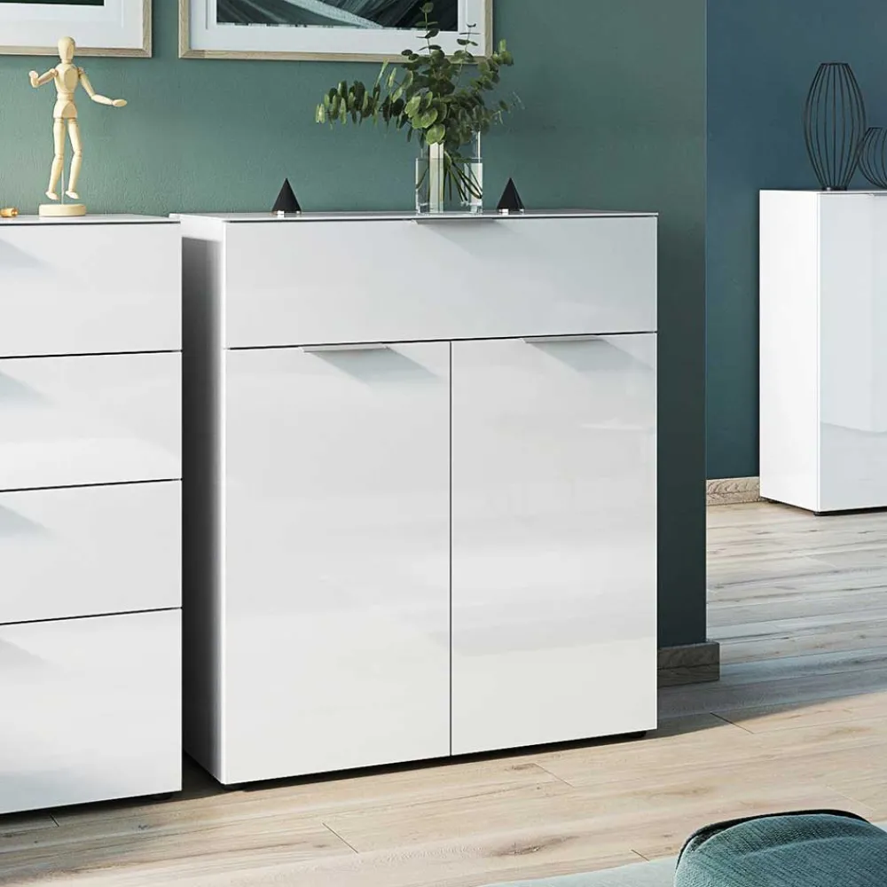 Wohnen Kommoden<83x101x42 Design Vertiko in Weiß mit Glas - Soraga