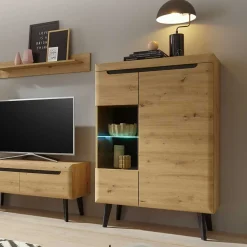 Wohnen Highboards<90x134x40 Highboard mit Glaseinsatz 2-türig - Olcian