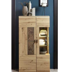 Wohnen Highboards|Vitrinen<80x148x37 Highboard mit Glaseinsatz in Holzoptik - Iniaco