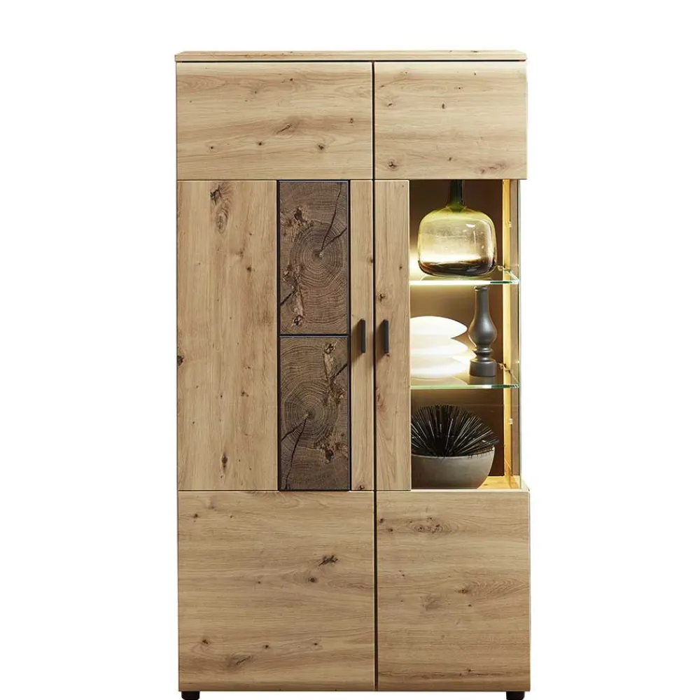 Wohnen Highboards|Vitrinen<80x148x37 Highboard mit Glaseinsatz in Holzoptik - Iniaco