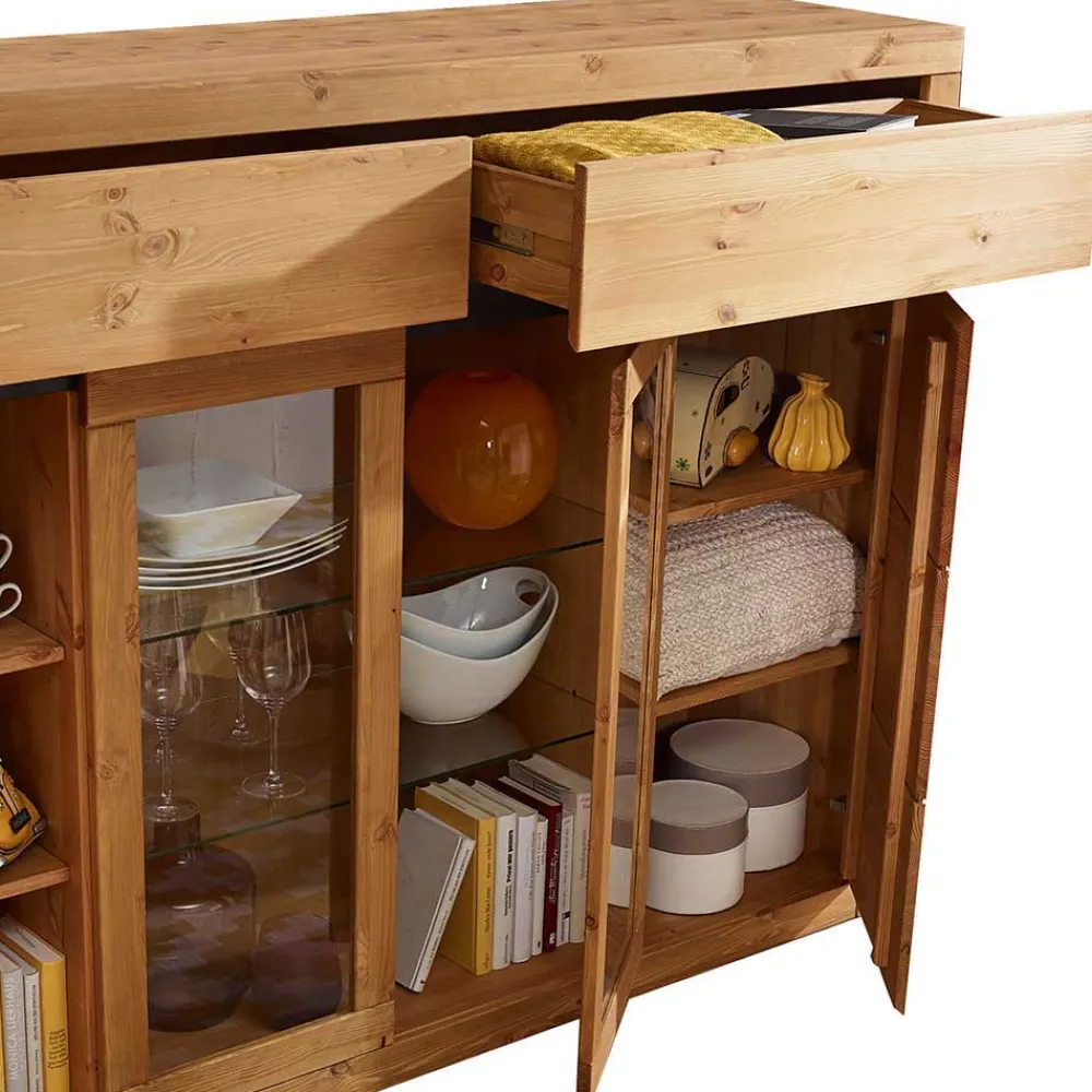 Wohnen Highboards|Kommoden<177x125x42 Holz Schrank mit 2 Glas Türen - Filedria