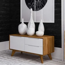 Wohnen Tv & Hifi-Möbel|Lowboards<90x48x40 Kleine Kommode in Wildeiche & Weiß - Diesta