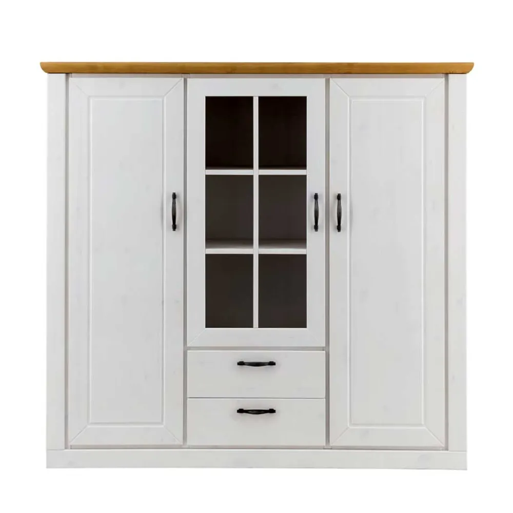 Wohnen Highboards<144x135x42 Landhaus Schrank in Weiß & Kiefer - Nuita