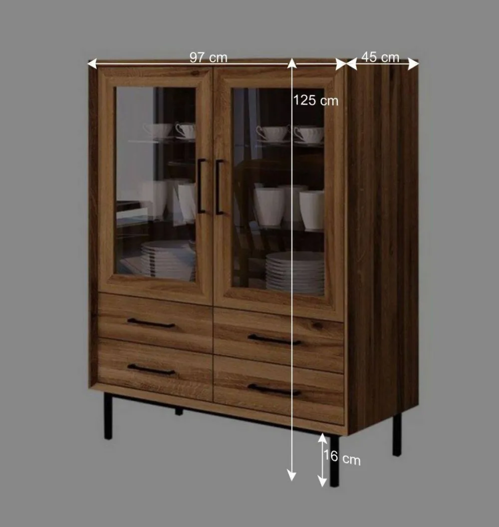 Wohnen Highboards|Vitrinen<97x125x45 Skandi Vitrine mit vier Schubladen - Kerfa
