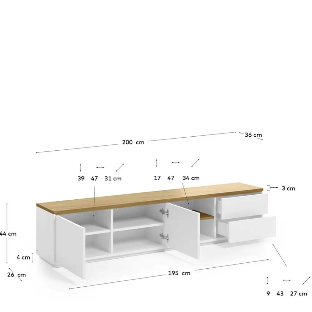 Wohnen Tv & Hifi-Möbel|Lowboards<200x44x36 TV Lowboard in Weiß & Eiche - Vintilias
