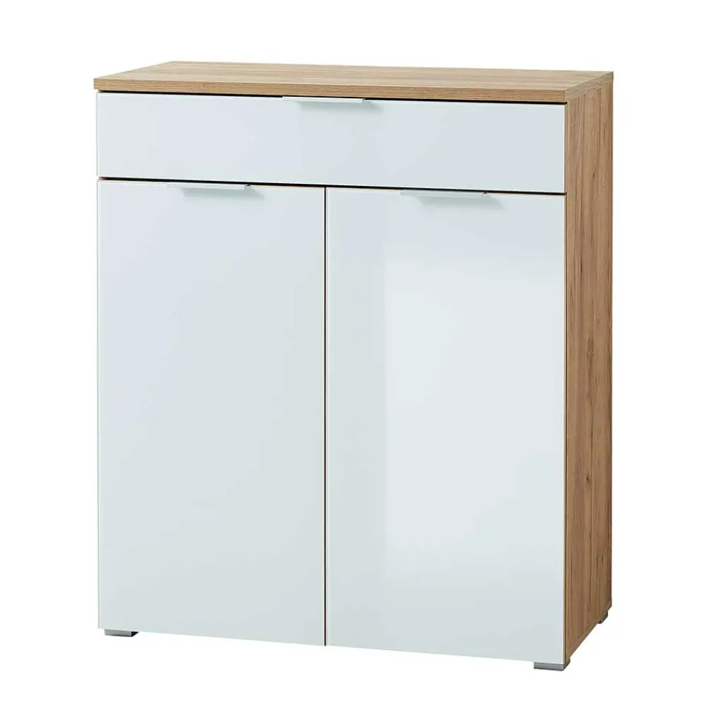 Wohnen Kommoden<89x105x40 Vertiko in Weiß Glas & Eiche - Reestyl