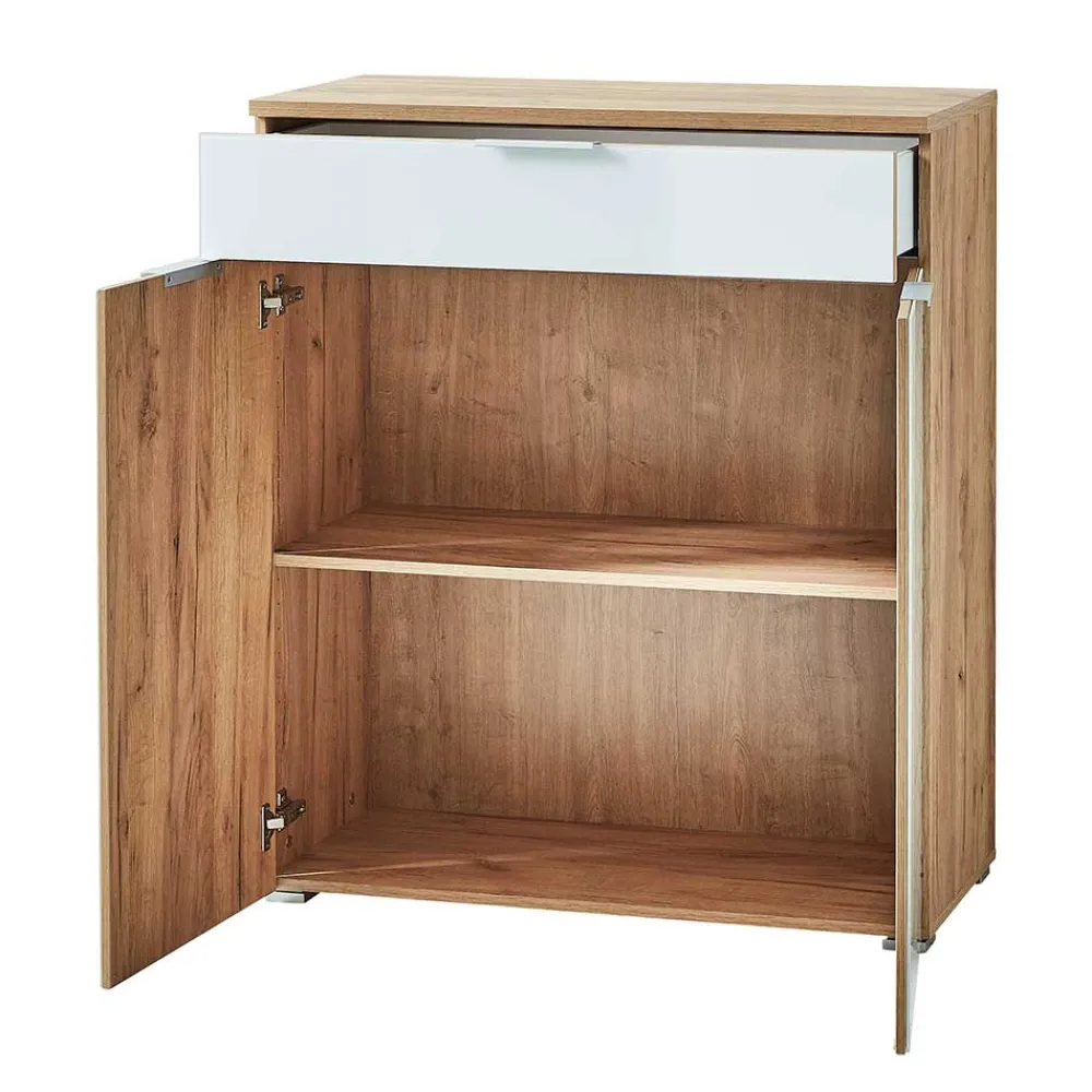 Wohnen Kommoden<89x105x40 Vertiko in Weiß Glas & Eiche - Reestyl