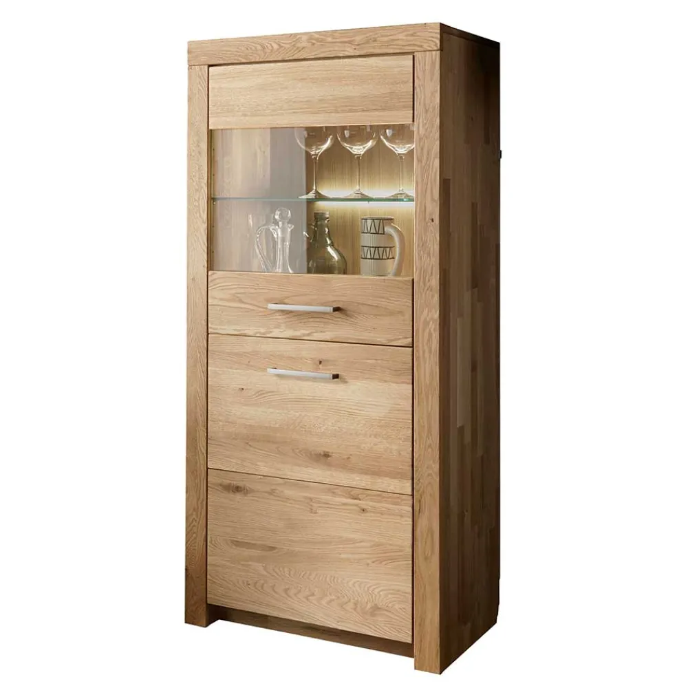 Wohnen Vitrinen<65x141x40 Vitrinenschrank aus Wildeiche Massivholz - Loitons