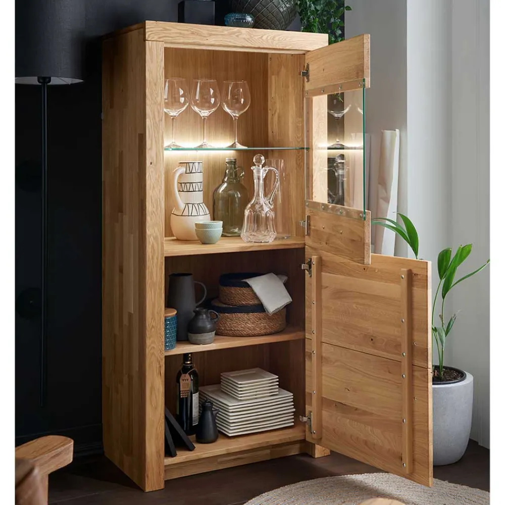 Wohnen Vitrinen<65x141x40 Vitrinenschrank aus Wildeiche Massivholz - Loitons
