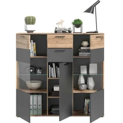 Wohnen Highboards|Vitrinen<140x134x37 Wohnzimmerschrank Highboard mit Glas - Lucios