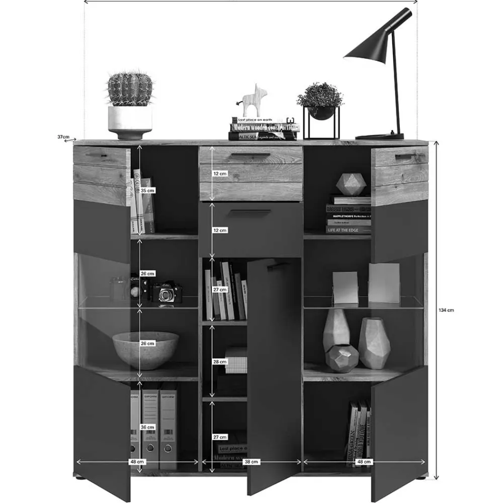 Wohnen Highboards|Vitrinen<140x134x37 Wohnzimmerschrank Highboard mit Glas - Lucios